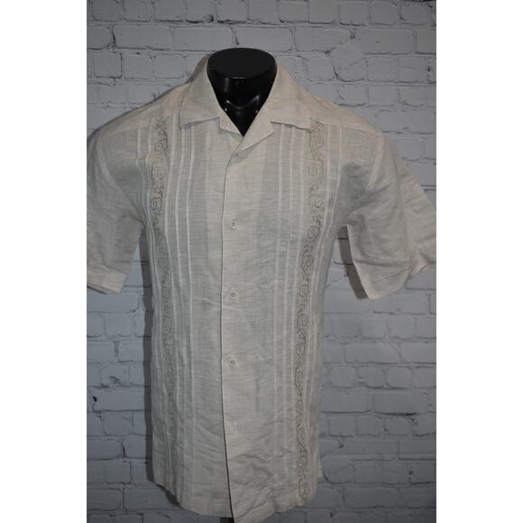 Cubavera Hawaiian Shirt Mens Size Small Tan Tropical Linen Rayon Blend - Picture 6 of 7